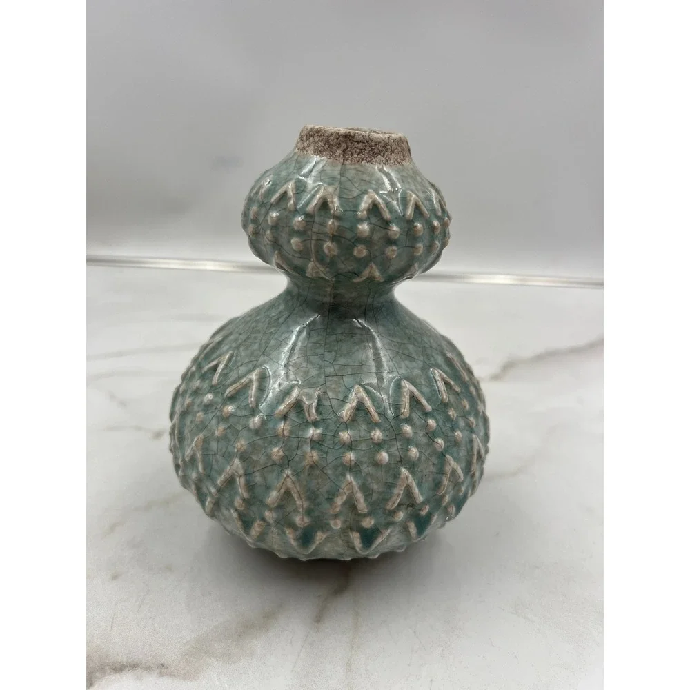 Celadon Green Crackle Glaze Double Gourd Ceramic Vase Studio Pottery 5.5